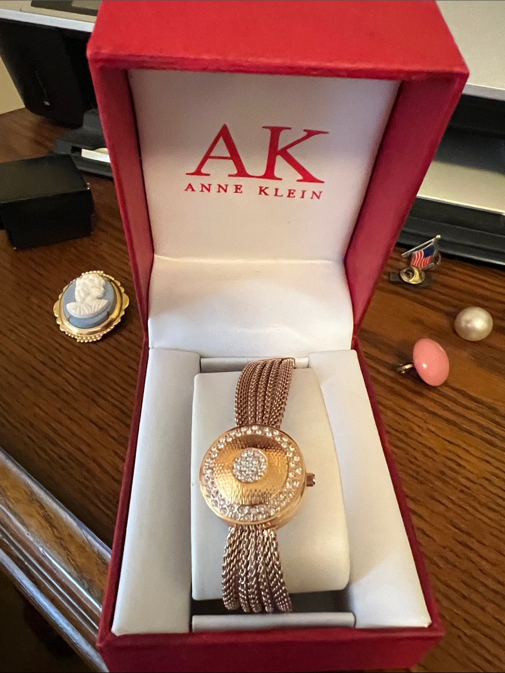 Anne Klein Rose Gold Multi-Strand Mesh Bracelet Watch with Crystal Center